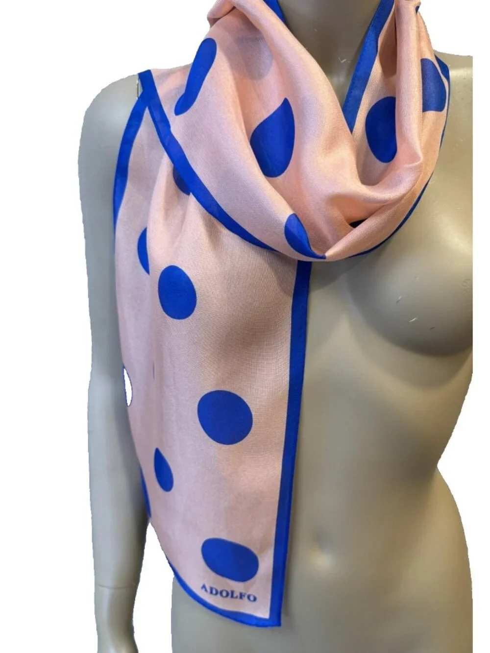 Vintage ADOLFO Silk Scarf, Polka Dots, Peachy Pink & Cobalt Blue 10